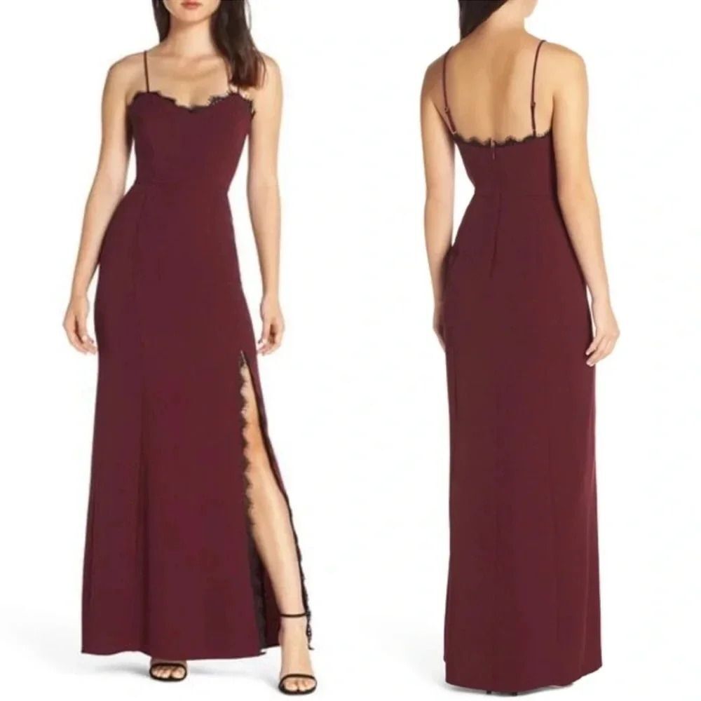 Wayf The Mia Lace Trim Front Slit Gown In Cabernet red burgundy black size XS